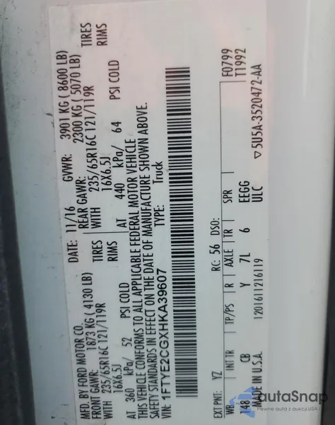 2017 Ford Transit T-150 z USA, uszkodzony, nr VIN 1FTYE2CGXHKA39607